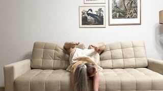 Stretching and yoga gymnastics on the bed 2