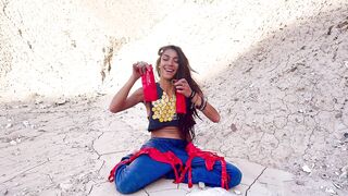 Evie becomes a magician with a red lingerie in a canyon | LINGERIE PREVIEW